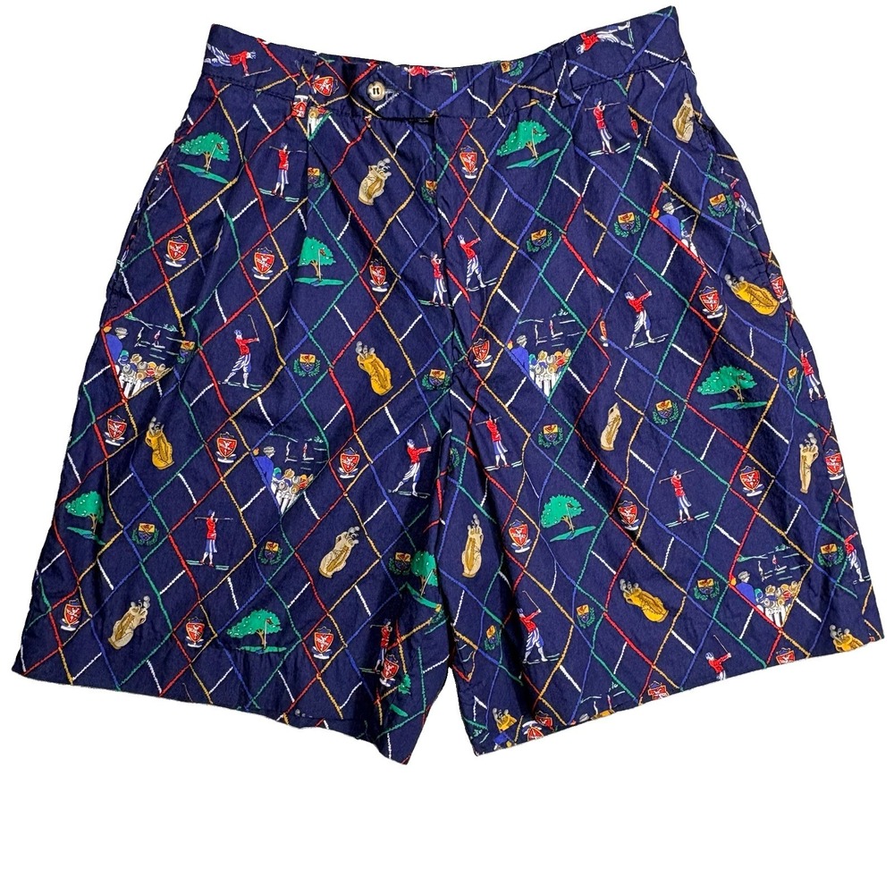 Lady Divots Golf Shorts Womens 12 Navy Pleated High Rise Loud Print Vintage 90s